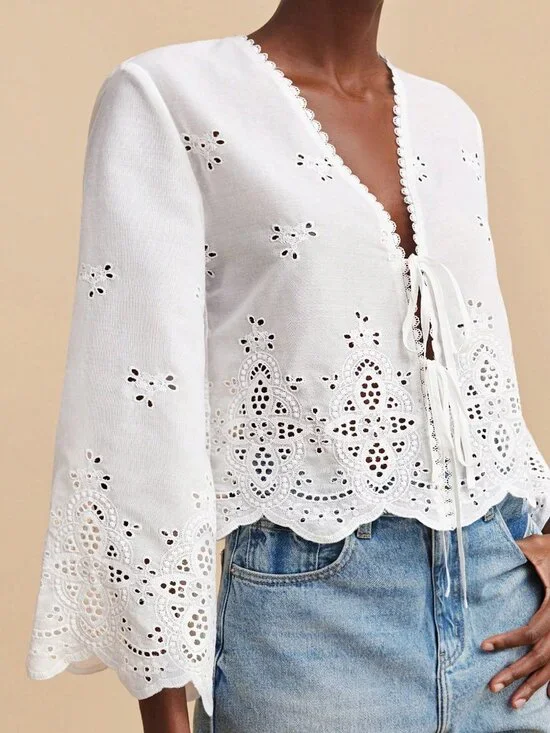 White Casual Women's V Neck Flare Sleeves Blouse - Picture 8 of 10